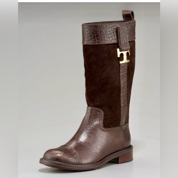 HOT Tory Burch Corey Brown Logo Suede & Textured Leather Mid-calf Boots $500+! - Picture 1 of 12